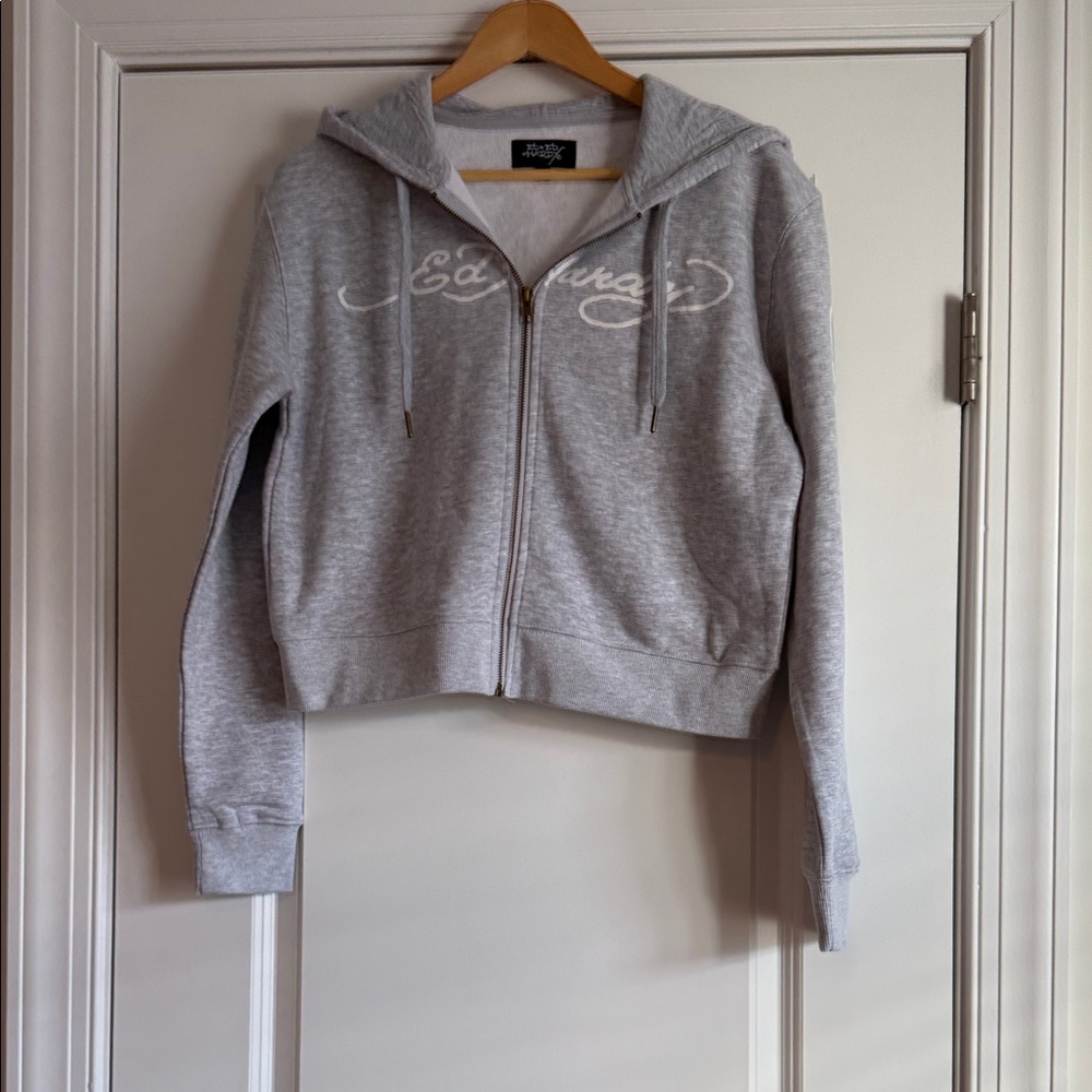 Ed Hardy Cropped Light Gray Women's full Zip Hoodie